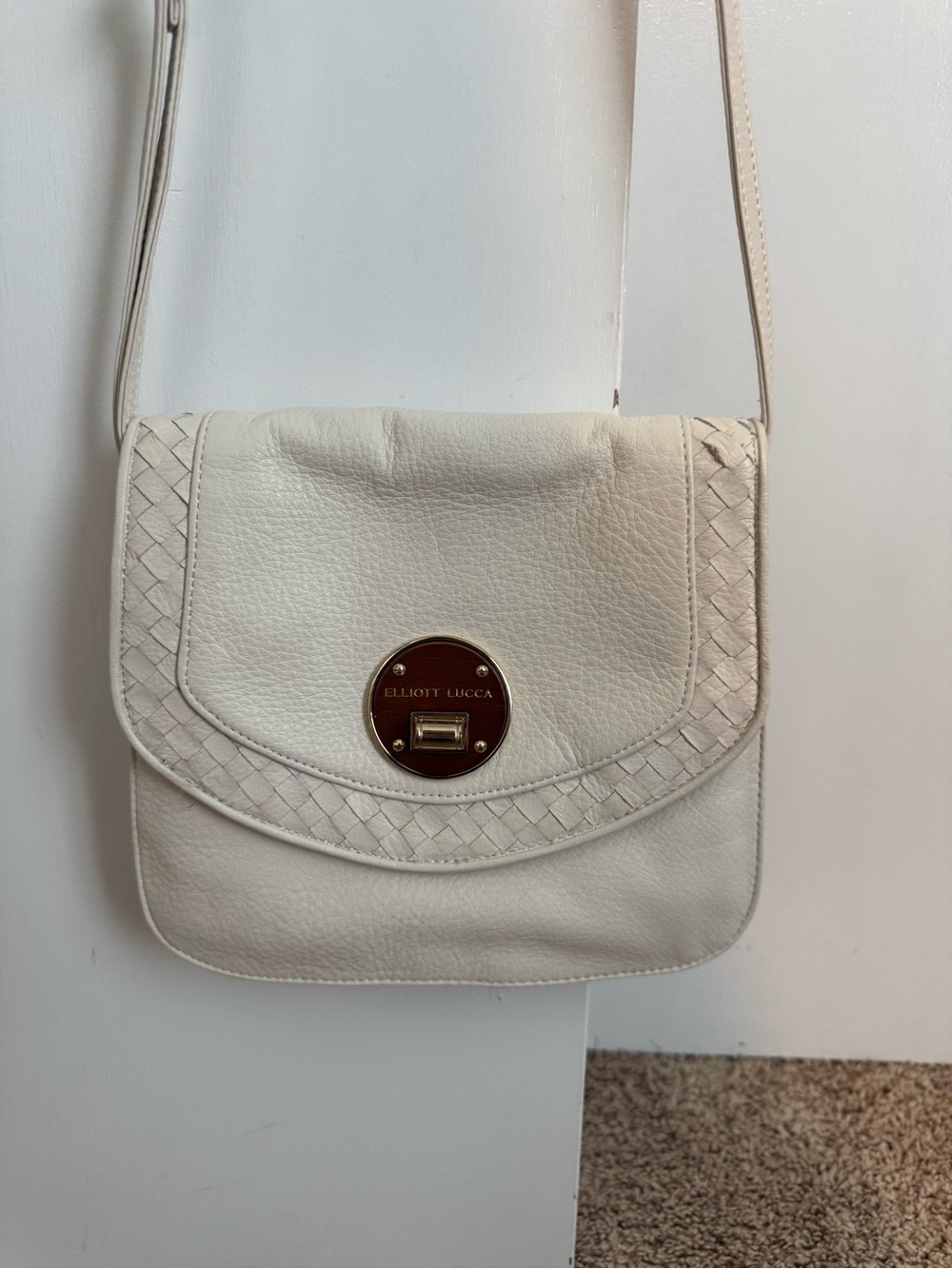 Elliott Lucca Cream Woven-Trim Leather Crossbody